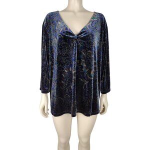 Covington Multicolored Paisley Velour V Neck Bracelet Sleeve Blouse Size 20-22W